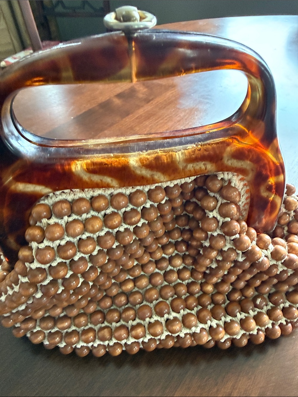 Beaded Brown Clutch with Tortoiseshell Handle